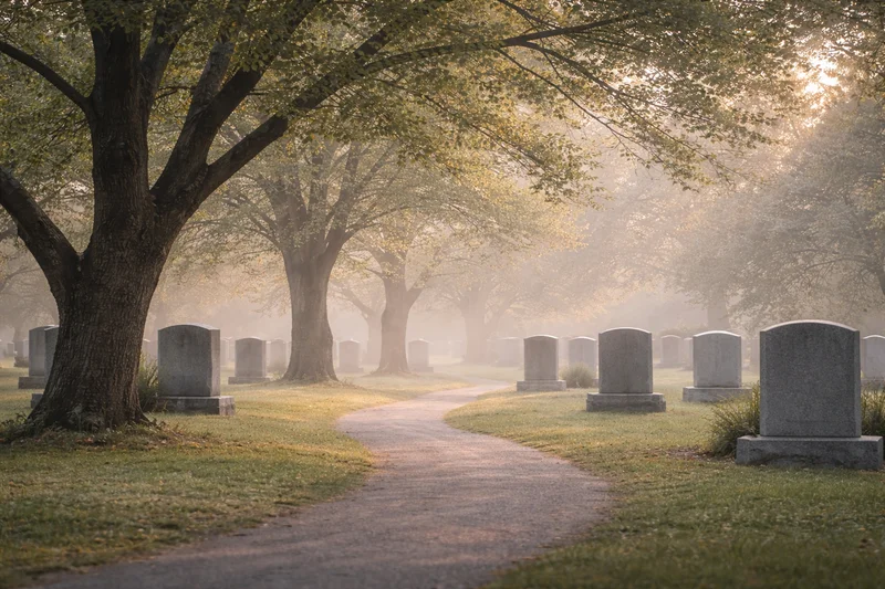 Peaceful cemetery path with monuments under morning light